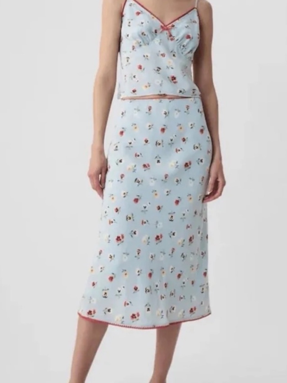 Light Blue Floral Midi Slip Skirt with Red Trim